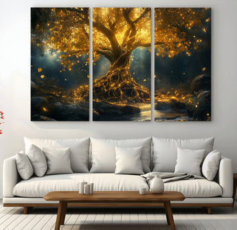 92739-MGV-CV-36X24-Glowing Tree Wall Art – Enchanted Golden Forest Canvas Print, Mystical Illuminated Nature Painting Poster for Living Room,