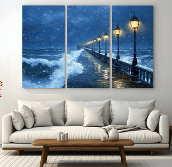 32668-MGV-CV-36X24-Stormy Pier Wall Art – Ocean Waves and Street Lamps Canvas Print, Rainy Night Seascape Oil Painting Poster for Living Room,