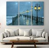 79606-MGV-CV-48X32-3P-Rainy Pier Night Wall Art – Ocean Waves and Street Lamps Canvas Print, Moody Seascape Oil Painting Poster for Living Room,