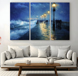 94571-MGV-CV-36X24-Seaside Night Wall Art – Ocean Waves and Street Lamps Canvas Print, Rainy City Pier Oil Painting Poster for Living Room, Bedroom,
