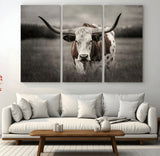 69238-MGV-CV-36X24-Longhorn Bull Wall Art – Rustic Black and White Texas Cattle Canvas Print, Western Farmhouse Animal Photography for Living Room,