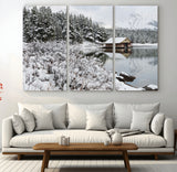 94285-MGV-CV-36X24-Snowy Cabin Wall Art Canvas Print, Framed Winter Cabin Art Picture Print, Mountain Lake Perfect Snowy Nature Decor Artwork
