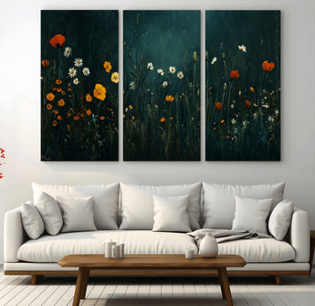 87037-MGV-CV-36X24-Wildflower Wall Art – Dark Botanical Floral Canvas Print, Modern Nature Painting Poster with Daisies Poppies Orange Flowers for