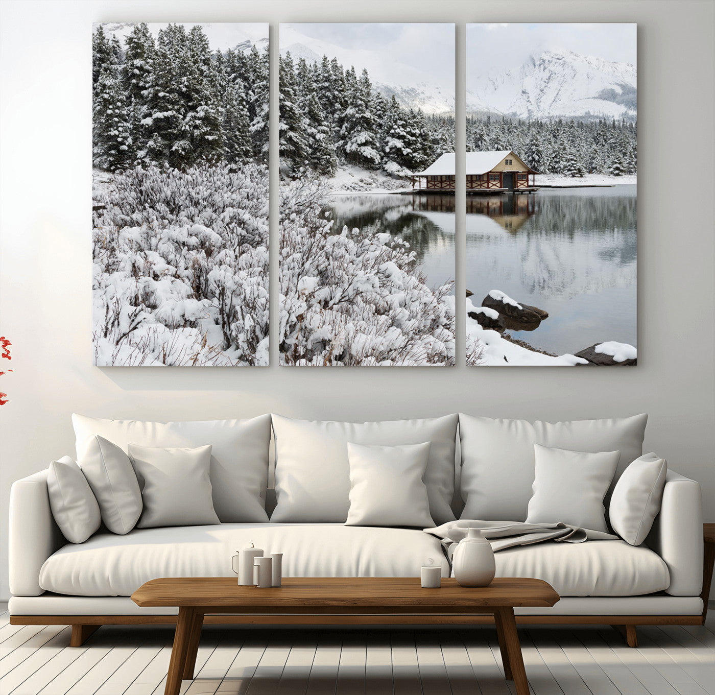 29975-MGV-CV-36X24-Winter Cabin by the Lake Wall Art – Snowy Mountain Landscape Canvas Print, Rustic Lodge Cabin Decor for Cozy Living Room, Bedroom