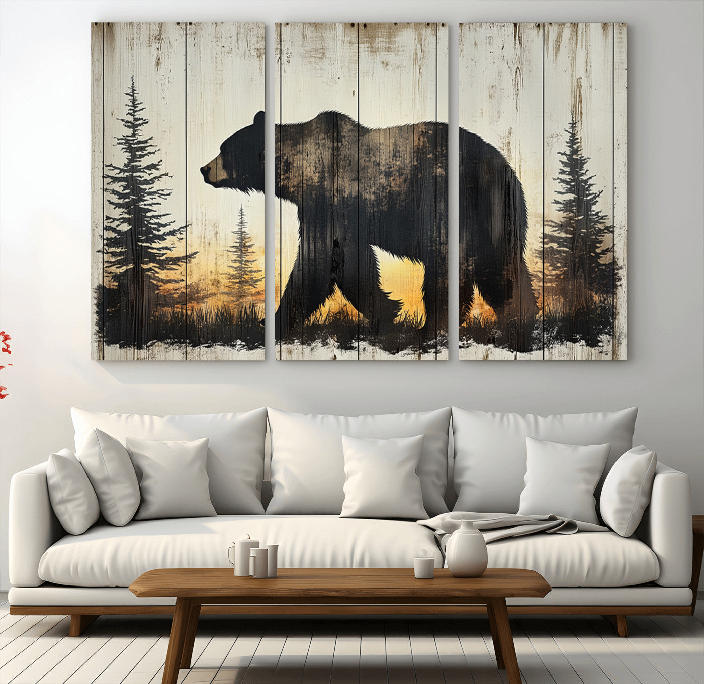 83875-MGV-CV-36X24-Sunset Bear Wall Art – Rustic Wildlife Canvas Print with Forest Silhouette, Cabin Lodge Decor for Living Room or Office