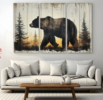 83875-MGV-CV-36X24-Sunset Bear Wall Art – Rustic Wildlife Canvas Print with Forest Silhouette, Cabin Lodge Decor for Living Room or Office