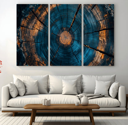 65231-MGV-CV-36X24-Blue and Gold Tree Ring Wall Art – Rustic Abstract Wood Slice Canvas Print, Modern Nature Inspired Artwork for Living Room,
