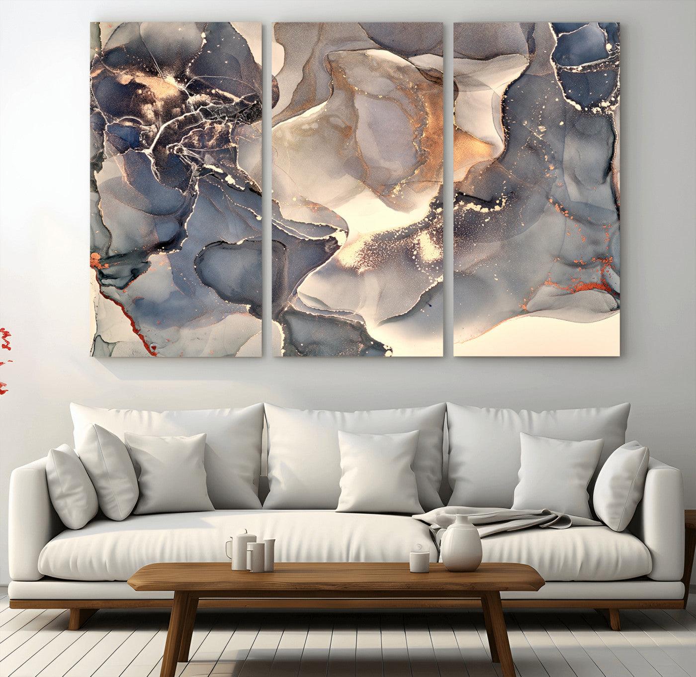 18202-MGV-CV-36X24-Abstract Neutral Wall Art – Blue, Beige and Gold Fluid Ink Canvas Print, Modern Minimalist Painting for Living Room, Office