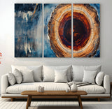 48045-MGV-CV-36X24-Tree Ring Abstract Wall Art – Rustic Wood Grain Canvas Print with Brown Center and Blue Brush Strokes, Nature Inspired Artwork for