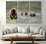 65087B-MGV-CV-36X24-Bear Family Wall Art – Wildlife Canvas Print Featuring Mother Bear with Cubs in Nature, Rustic Animal Artwork for Living Room,