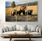43400-MGV-CV-36X24-Bear Family Wall Art – Wildlife Canvas Print of Mother Bear with Cubs in Sunlit Meadow, Rustic Animal Artwork for Living Room,