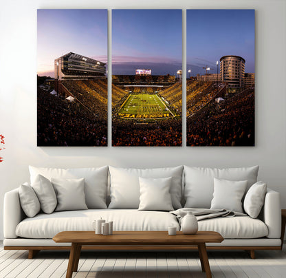 82557-MGV-CV-36X24-College Football Stadium Wall Art – Panoramic Sunset Canvas Print with Marching Band and Game Day Crowd, Sports Artwork for Man
