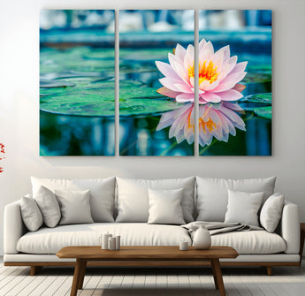 30320-MGV-CV-36X24-Pink Water Lily Wall Art – Lotus Flower Canvas Print with Reflection Water, Peaceful Botanical Artwork for Living Room, Bedroom,