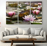 28394-MGV-CV-36X24-Water Lily Pond Wall Art – Pink Lotus Flowers Canvas Print with Green Lily Pads, Peaceful Botanical Artwork for Living Room,