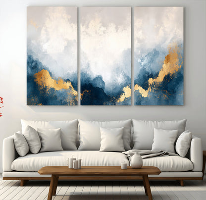 14578-MGV-CV-36X24-Abstract Wall Art – Modern Canvas Print Featuring Blue and White Clouds with Golden Accents, Contemporary Elegant Artwork for