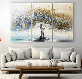 24771-MGV-CV-36X24-Silver Tree Wall Art Canvas Print, Framed Golden Leaves Art Picture Print, Metallic Tree Perfect Minimalist Luxury Decor Artwork