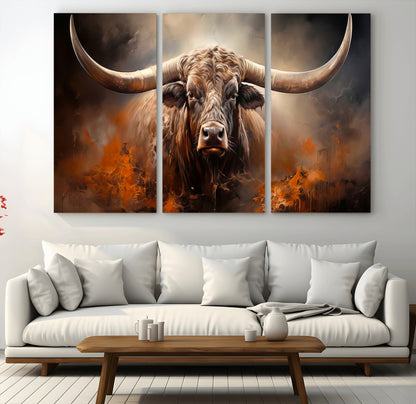 240479-MGV-CV-36X24-Longhorn Bull Wall Art – Dramatic Western Canvas Print Featuring Horned Bull with Fiery Background, Rustic Farmhouse Artwork for