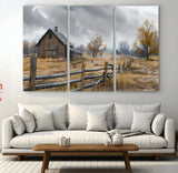 Farm1-MGV-CV-36X24-Rustic Autumn Farmhouse Wall Art – Serene Countryside Scene Canvas Print, Weathered Barn and Autumn Trees Decor for Living Room,