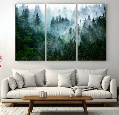 17393683-MGV-CV-36X24-Misty Forest Art Wall Art Canvas Print, Framed Foggy Mountain Art Art Picture Print, Scenic Wall Print Perfect Decor Artwork