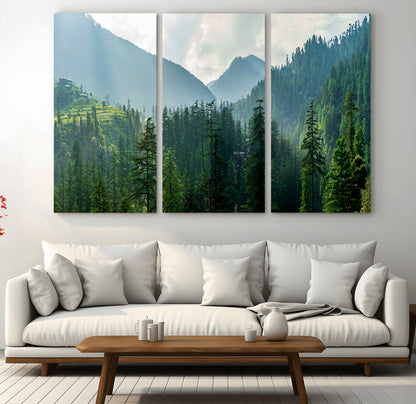 83417191-MGV-CV-36X24-Misty Mountain Forest Wall Art – Pine Tree Landscape Canvas Print, Nature Photography Panorama, Tranquil Green Forest Décor for