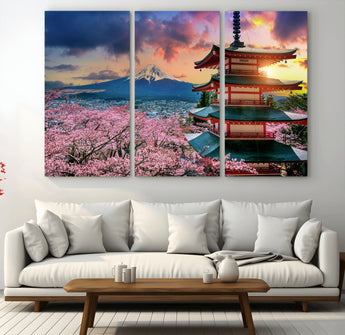 32331262-MGV-CV-36X24-Mount Fuji Japan Wall Art – Cherry Blossom Landscape Canvas Print, Chureito Pagoda Sunset Photography, Japanese Nature Travel
