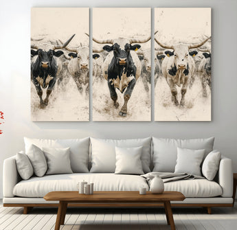 61538944-MGV-CV-36X24-Texas Longhorn Wall Art Canvas Print, Framed Cattles Walking Art Picture Print, Black White Bulls Perfect Rustic Western Decor