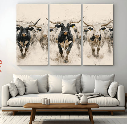 61538944-MGV-CV-36X24-Texas Longhorn Wall Art Canvas Print, Framed Cattles Walking Art Picture Print, Black White Bulls Perfect Rustic Western Decor