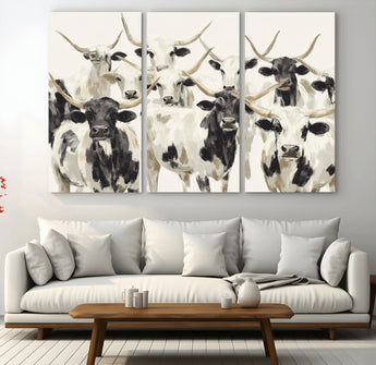 52947970-MGV-CV-36X24-Texas Longhorn Wall Art Canvas Print, Framed Cattle Herd Art Picture Print, Herd Portrait Perfect Modern Farmhouse Decor Artwork
