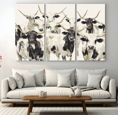 52947970-MGV-CV-36X24-Texas Longhorn Wall Art Canvas Print, Framed Cattle Herd Art Picture Print, Herd Portrait Perfect Modern Farmhouse Decor Artwork