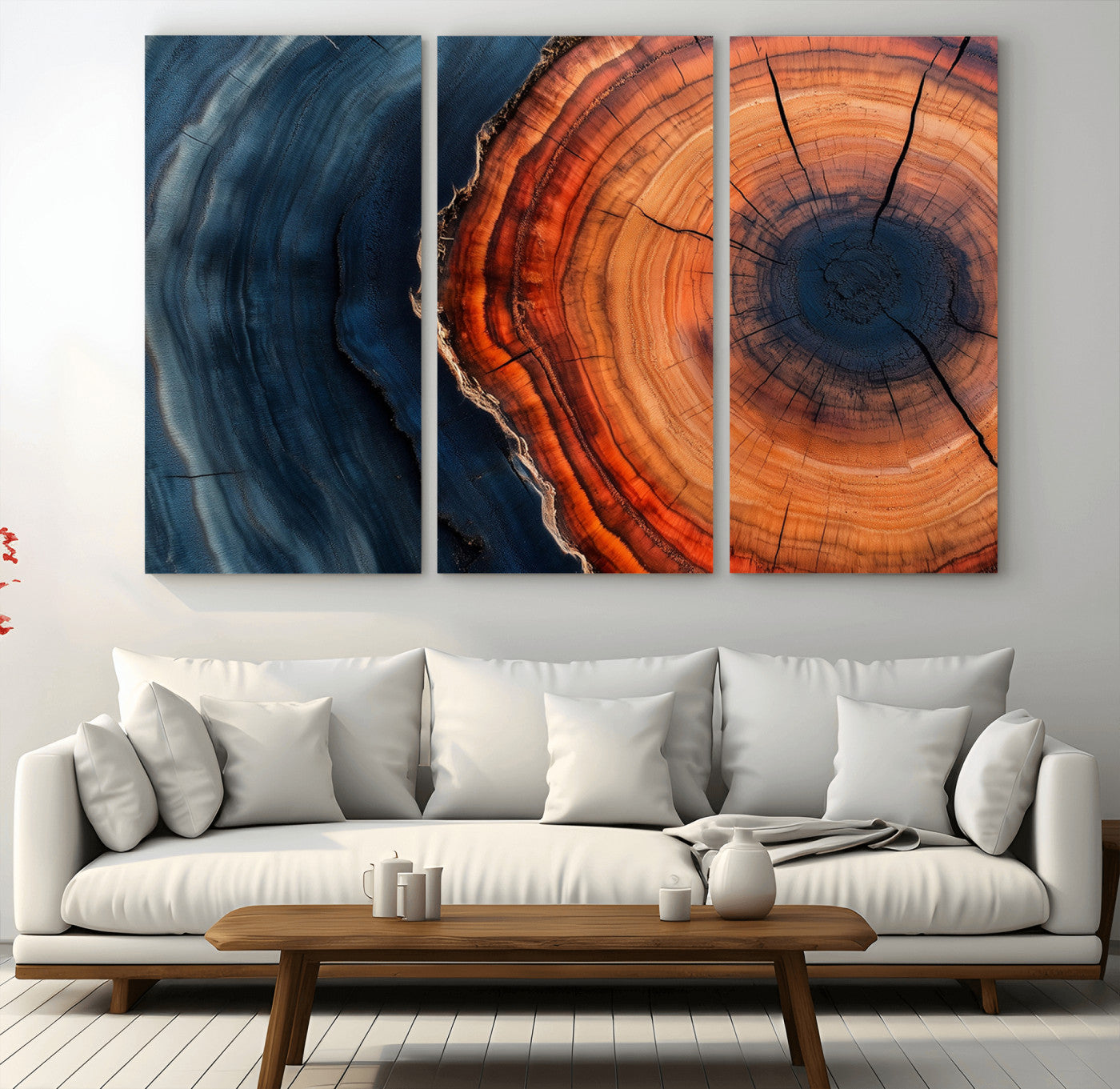 57732250-MGV-CV-36X24-Tree Ring Abstract Wall Art – Blue Orange Wood Grain Canvas Print, Modern Rustic Nature Artwork for Living Room, Office,
