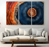 72209152-MGV-CV-36X24-Abstract Tree Ring Wall Art – Vibrant Blue Orange Wood Grain Canvas Print, Rustic Modern Nature Artwork for Living Room, Office,