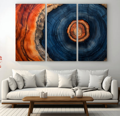 72209152-MGV-CV-36X24-Abstract Tree Ring Wall Art – Vibrant Blue Orange Wood Grain Canvas Print, Rustic Modern Nature Artwork for Living Room, Office,
