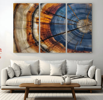 18032999-MGV-CV-36X24-Tree Ring Wall Art – Blue Brown Abstract Wood Slice Canvas Print, Rustic Modern Nature Decor for Living Room, Office, Bedroom or