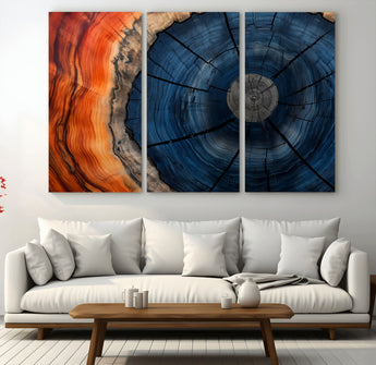 26110607-MGV-CV-36X24-Blue and Orange Tree Ring Wall Art – Abstract Wood Cross Section Canvas Print, Modern Rustic Nature Decor for Living Room, Office,