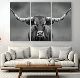 81228550-MGV-CV-36X24-Framed Texas Longhorn Bull Art Canvas Print, Western Bull Wall Art Print, Long Horn Bull Photo Print for Log Cabin, Large Bull