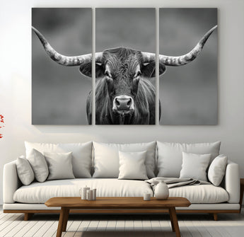 81228550-MGV-CV-36X24-Framed Texas Longhorn Bull Art Canvas Print, Western Bull Wall Art Print, Long Horn Bull Photo Print for Log Cabin, Large Bull