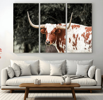54027638-MGV-CV-36X24-Texas Longhorn Wall Art Canvas Print, Framed Spotted Cow Art Picture Print, Horned Bull Perfect Rustic Western Decor Artwork