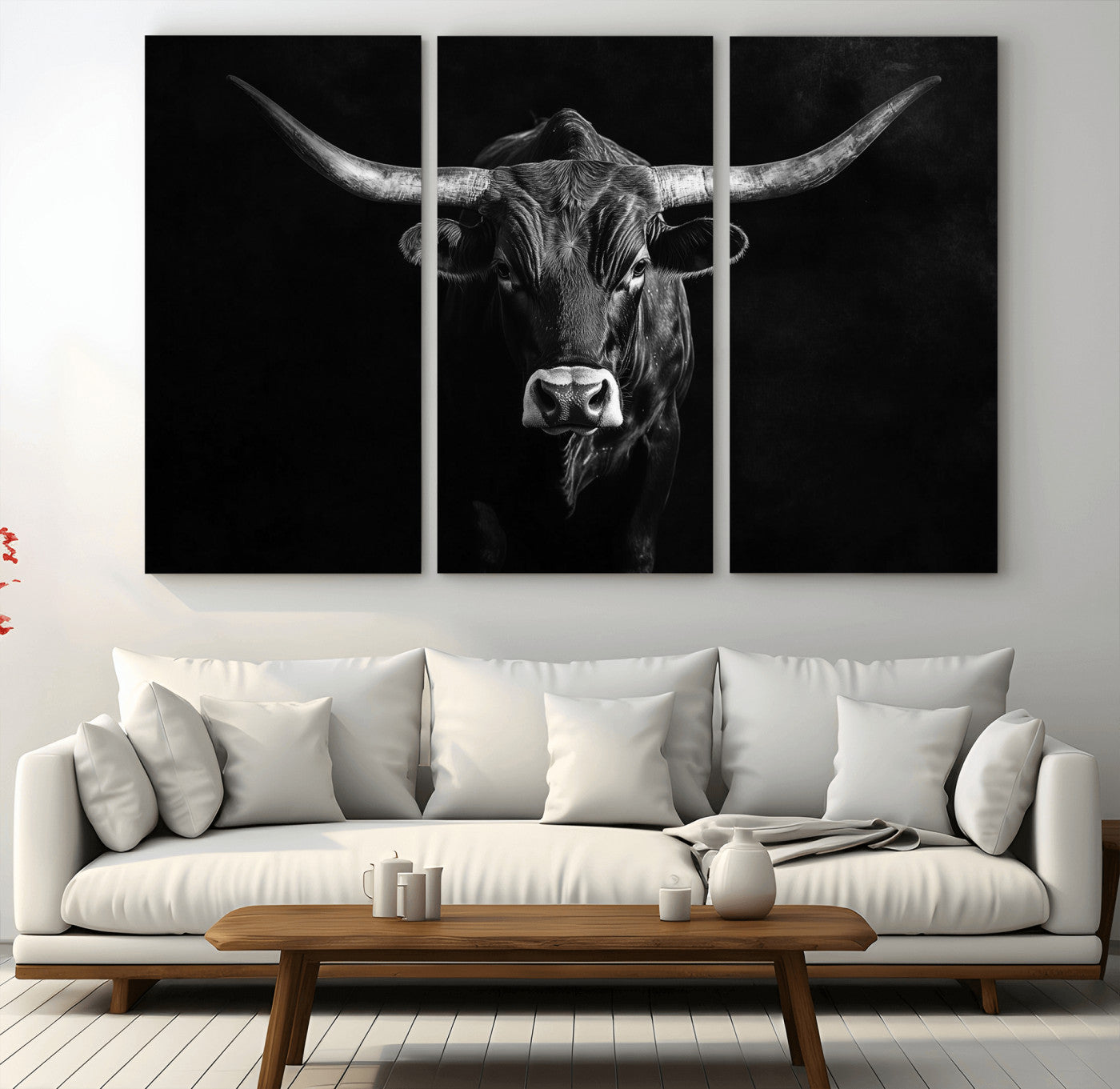 42077175-MGV-CV-36X24-Texas Longhorn Wall Art Canvas Print, Framed Monochrome Bull Art Picture Print, Horned Bull Perfect Rustic Western Decor Artwork