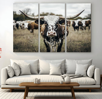 79025945-MGV-CV-36X24-Texas Longhorn Wall Art Canvas Print, Framed Speckled Cow Art Picture Print, Horned Cattle Perfect Rustic Western Decor Artwork