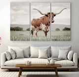 28309012-MGV-CV-36X24-Texas Longhorn Wall Art Canvas Print, Framed Spotted Cattle Art Picture Print, Horned Bull Perfect Rustic Western Decor Artwork