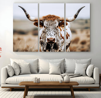 76294381-MGV-CV-36X24-Texas Longhorn Wall Art Canvas Print, Framed Spotted Cow Art Picture Print, Horned Cattle Perfect Rustic Western Decor Artwork