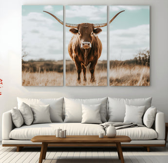 39350715-MGV-CV-36X24-Texas Longhorn Wall Art Canvas Print, Framed Longhorn Cow Art Picture Print, Western Cattle Perfect Rustic Western Decor Artwork