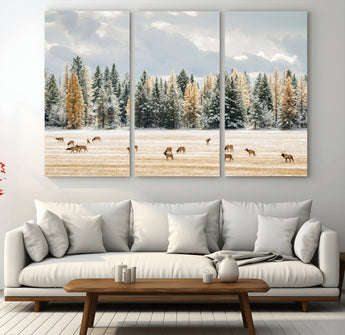 64188182-MGV-CV-36X24-Elk Herd Wall Art Canvas Print, Framed Snowy Forest Art Picture Print, Forest Elks Perfect Neutral Rustic Decor Artwork
