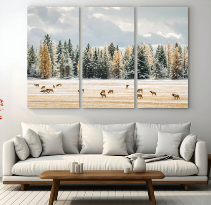 64188182-MGV-CV-36X24-Elk Herd Wall Art Canvas Print, Framed Snowy Forest Art Picture Print, Forest Elks Perfect Neutral Rustic Decor Artwork