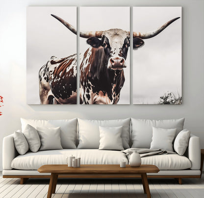 95249234-MGV-CV-36X24-Texas Longhorn Wall Art Canvas Print, Framed Spotted Bull Art Picture Print, Horned Cattle Perfect Rustic Farmhouse Decor Artwork