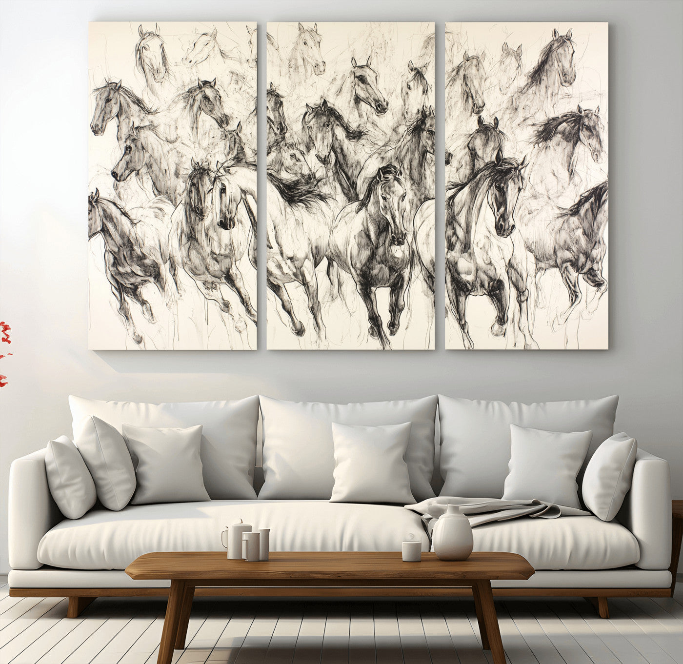 19433417-MGV-CV-36X24-Running Horses Wall Art Canvas Print, Framed Horse Sketch Art Picture Print, Galloping Herd Perfect Monochrome Western Decor