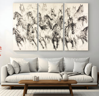19433417-MGV-CV-36X24-Running Horses Wall Art Canvas Print, Framed Horse Sketch Art Picture Print, Galloping Herd Perfect Monochrome Western Decor