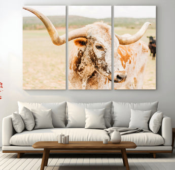 21060648-MGV-CV-36X24-Texas Longhorn Wall Art Canvas Print, Framed Speckled Cow Art Picture Print, Rustic Bull Perfect Rustic Western Decor Artwork