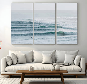 73969318-MGV-CV-36X24-Ocean Waves Wall Art Canvas Print, Framed Surfer Lineup Art Picture Print, Crowded Ocean Perfect Minimal Coastal Decor Artwork