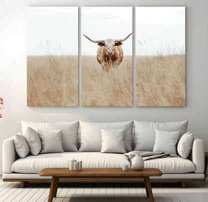 20927060-MGV-CV-36X24-Texas Longhorn Wall Art Canvas Print, Framed Lone Cattle Art Picture Print, Longhorn Bull Perfect Rustic Western Decor Artwork